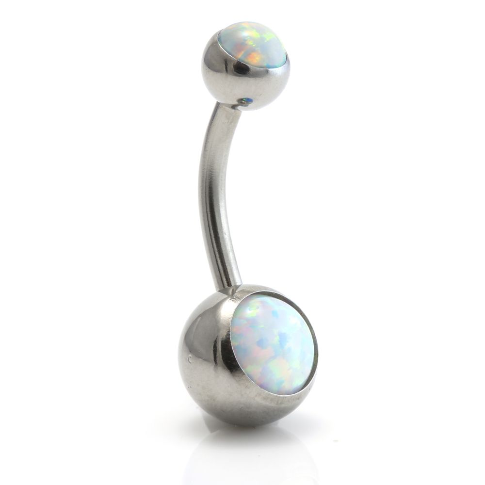 Opal Belly Bar Double Jewelled Surgical Steel Silver Lining